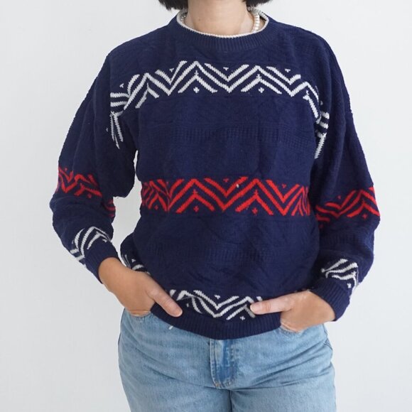 Vintage Tricot Boutique Blue Knit w Red White Design Crewneck Sweater L - Picture 1 of 9